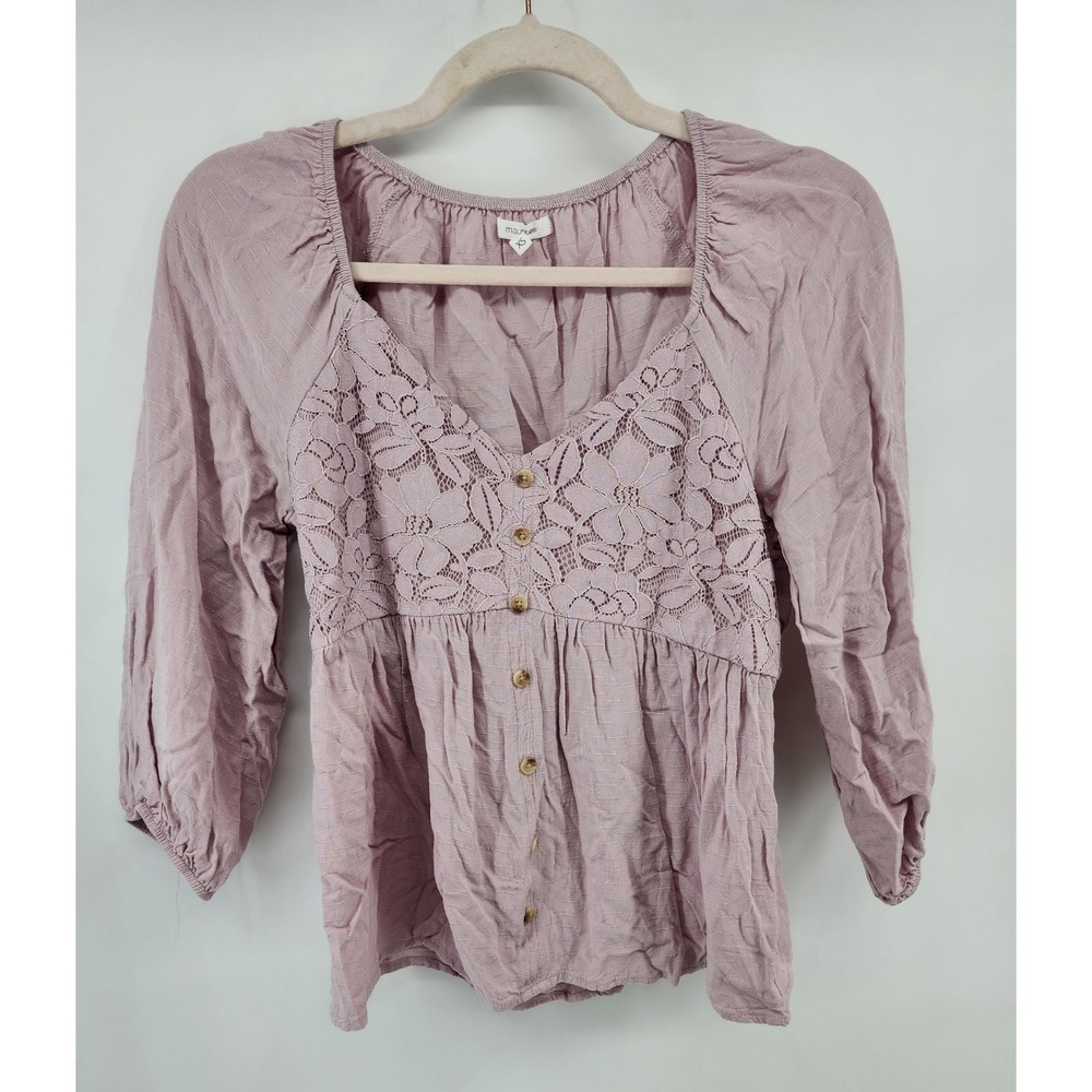 Maurices Womens XS Mauve Lace Inset Button Front Peasant Top Boho 3/4 Sleeve